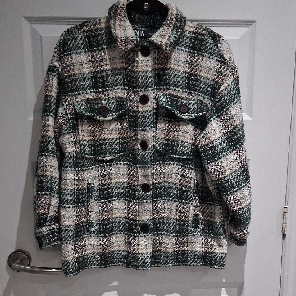 Zara Green and Cream Woven Plaid Jacket..Italian Fabric